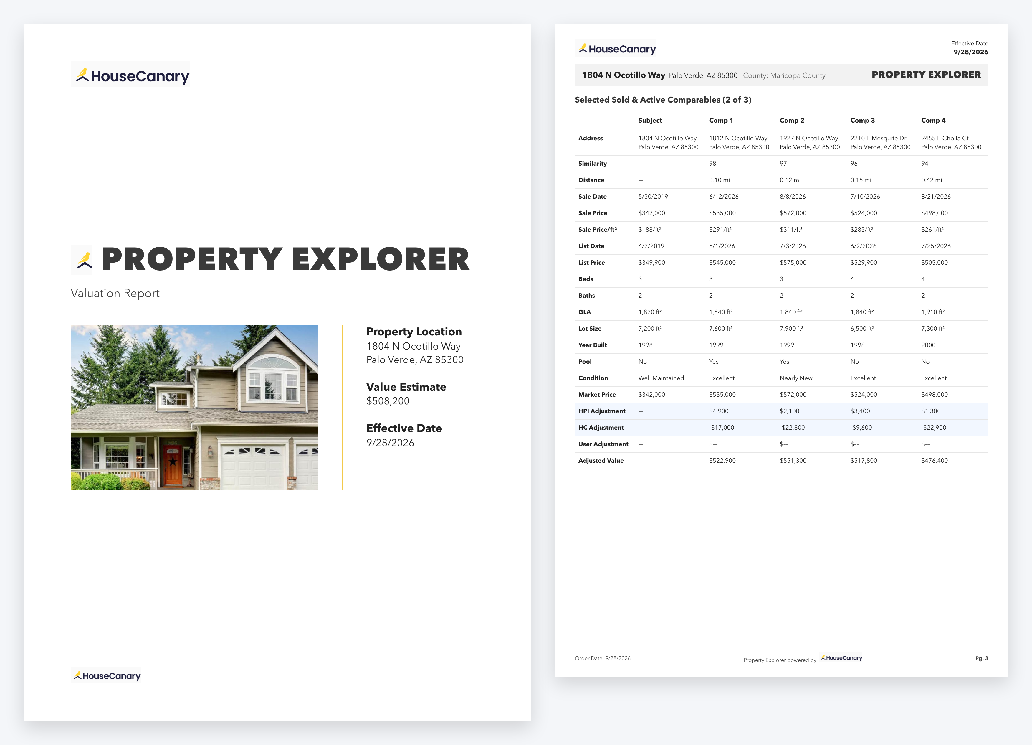 What goes in the CMA you hand the seller: HouseCanary Property Explorer PDF report cover and selected sold comparables comparison page