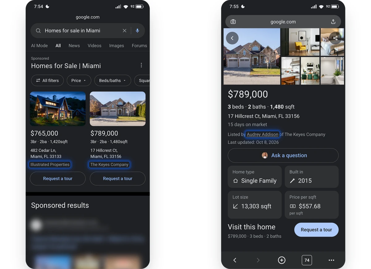 Two smartphone screens showing Miami home listings in Google mobile search: a Homes for Sale results carousel with Illustrated Properties and The Keyes Company brokerage attribution (left) and a listing detail page with listing agent attribution (right).