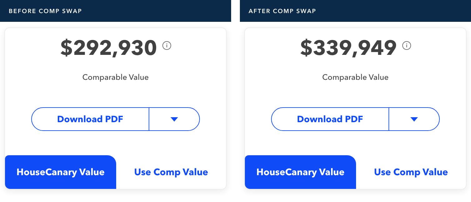 Comparable value recalculating from $292,930 to $339,949 after a comp swap in Property Explorer