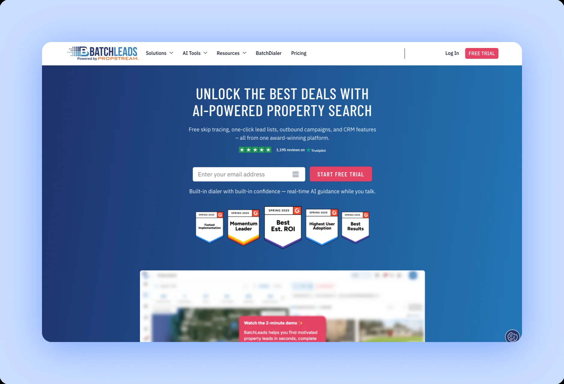 BatchLeads homepage with text unlock the best deals with AI powered property search