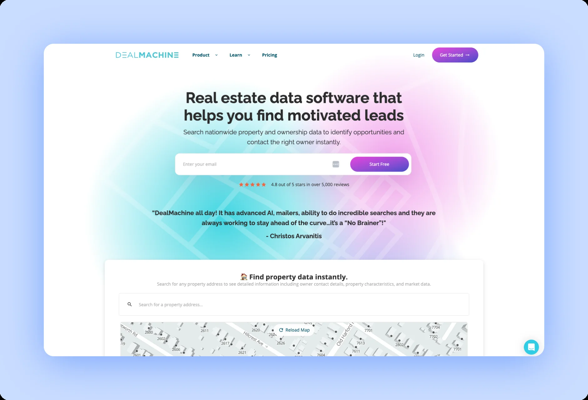 DealMachine homepage with text real estate data software that helps you find motivated leads
