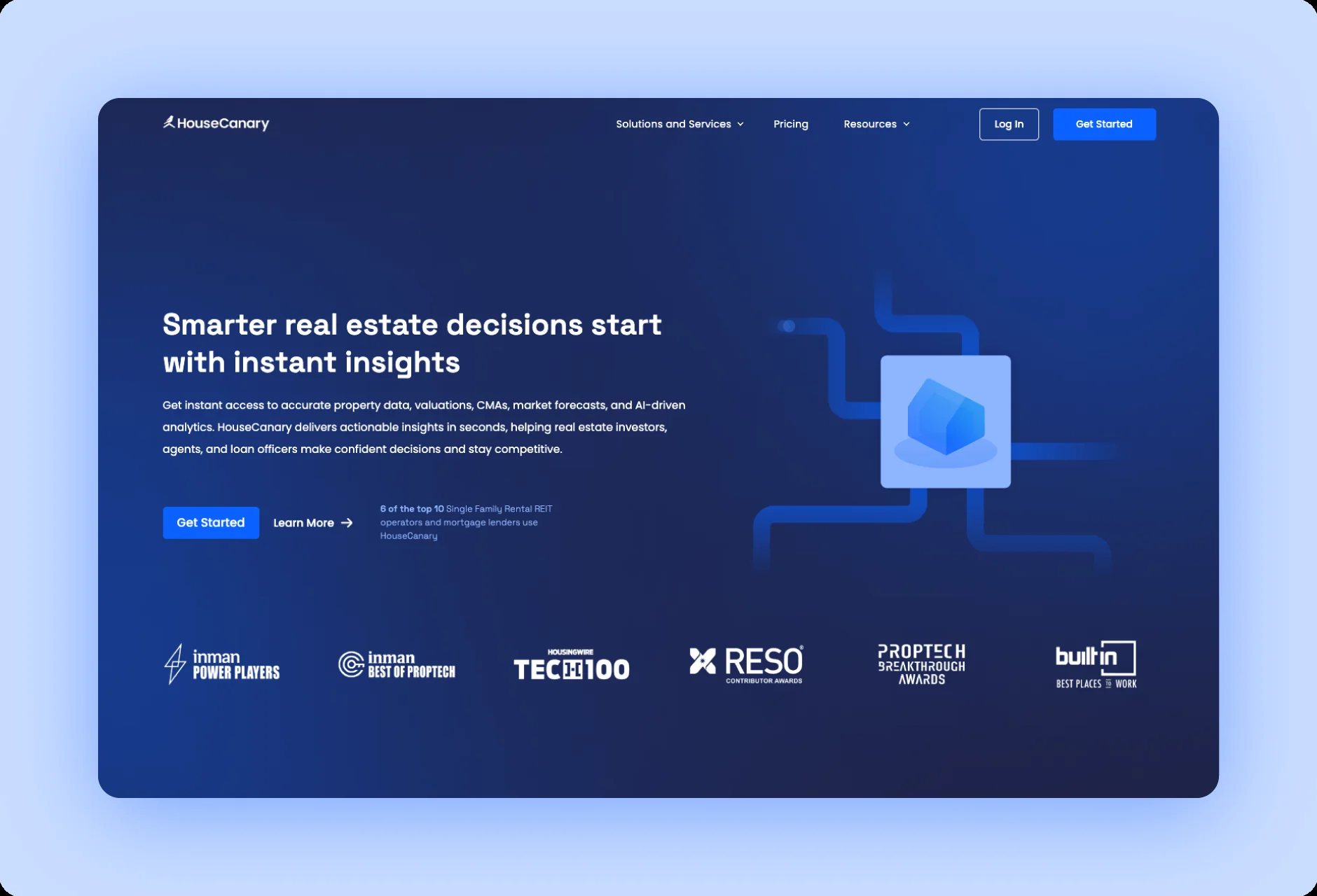 HouseCanary homepage with text smarter real estate decisions start with instant insights