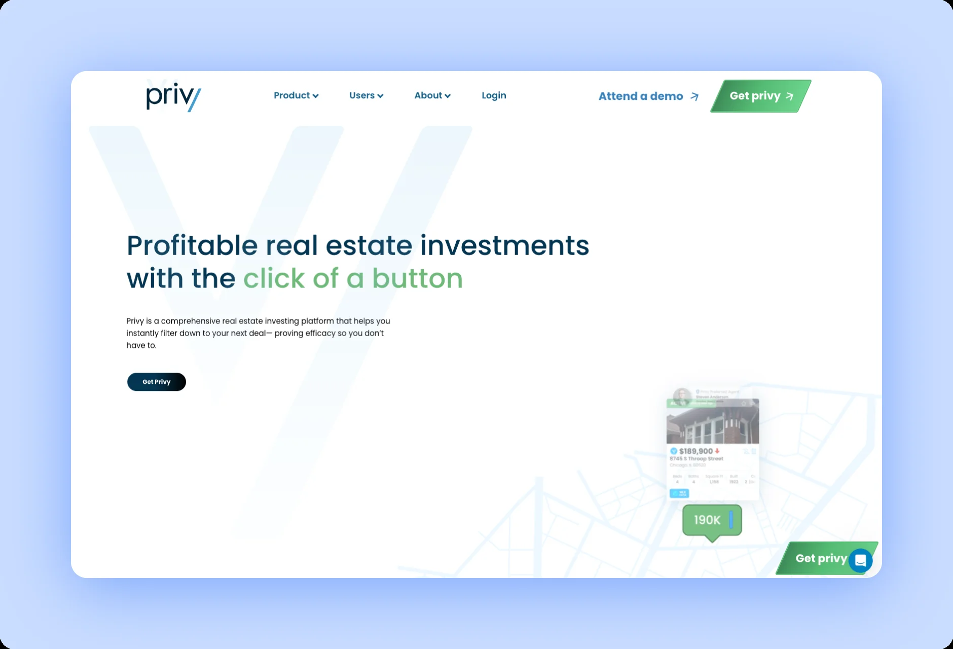 Privy homepage with text profitable real estate investments with the click of a button