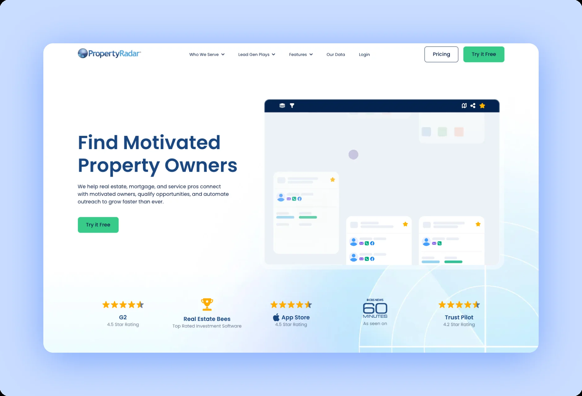 PropertyRadar homepage with text find motivated property owners