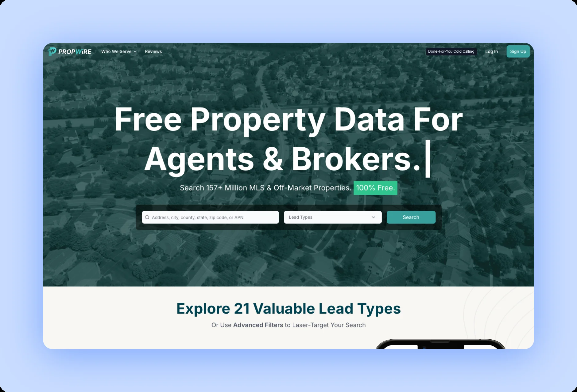 Propwire homepage with text free property data for agents and brokers