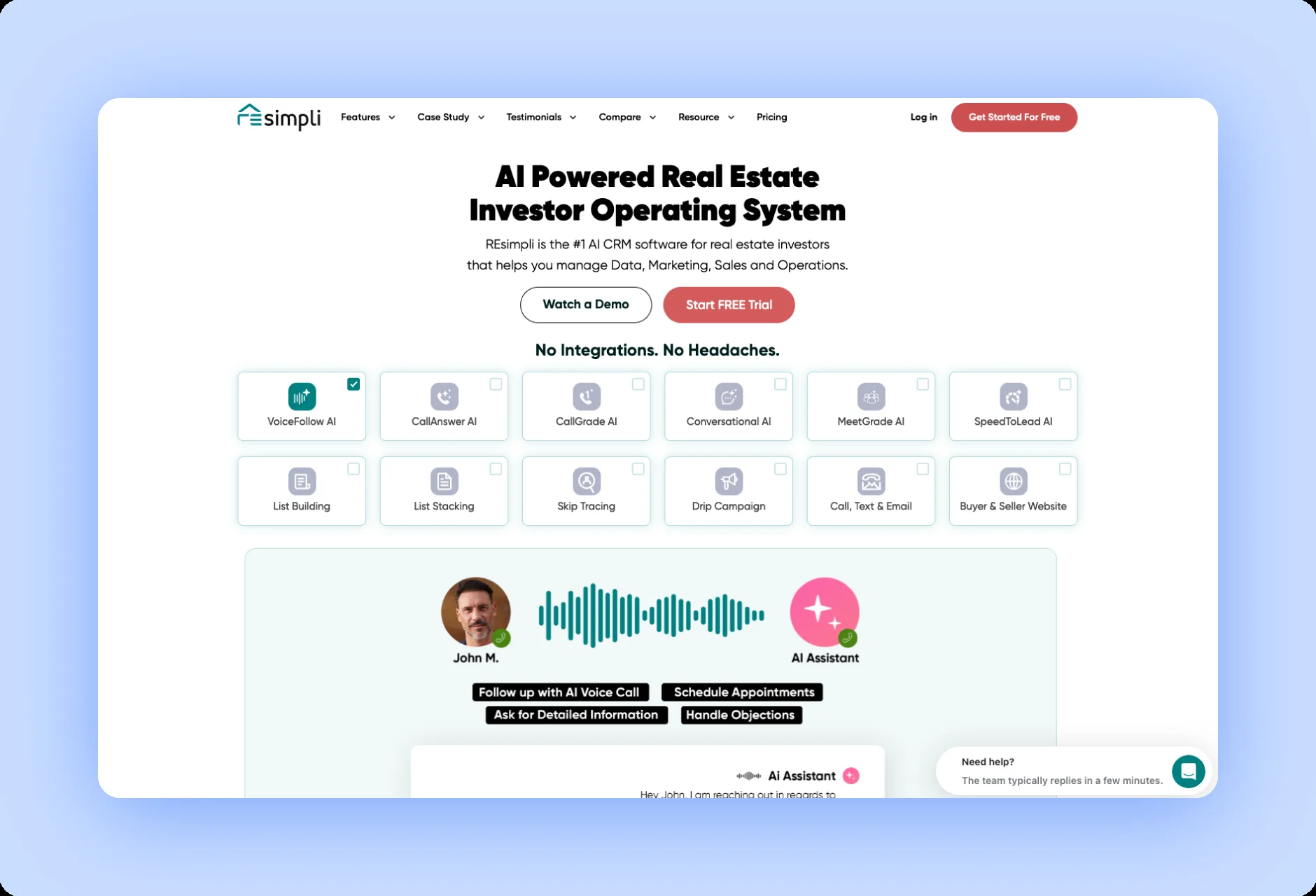 REsimpli homepage with text AI powered real estate investor operating system