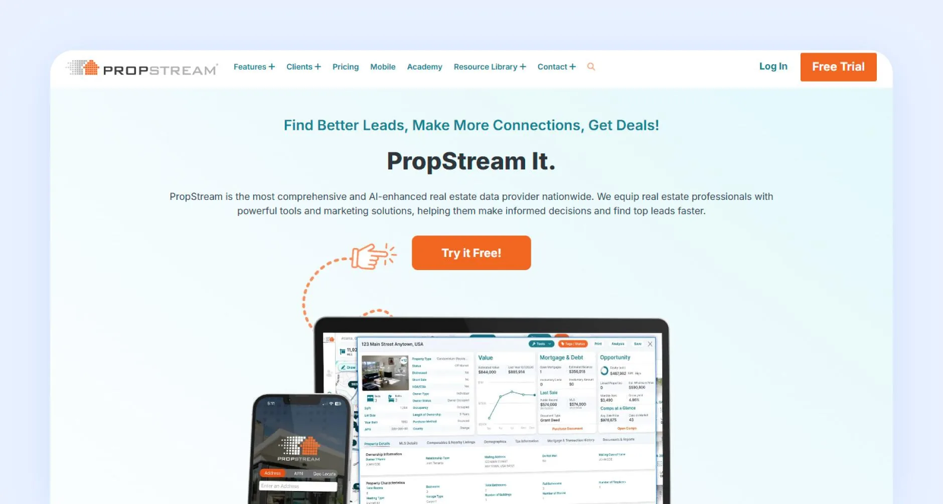 PropStream homepage with text "Find better leads, make more connections, get deals!"