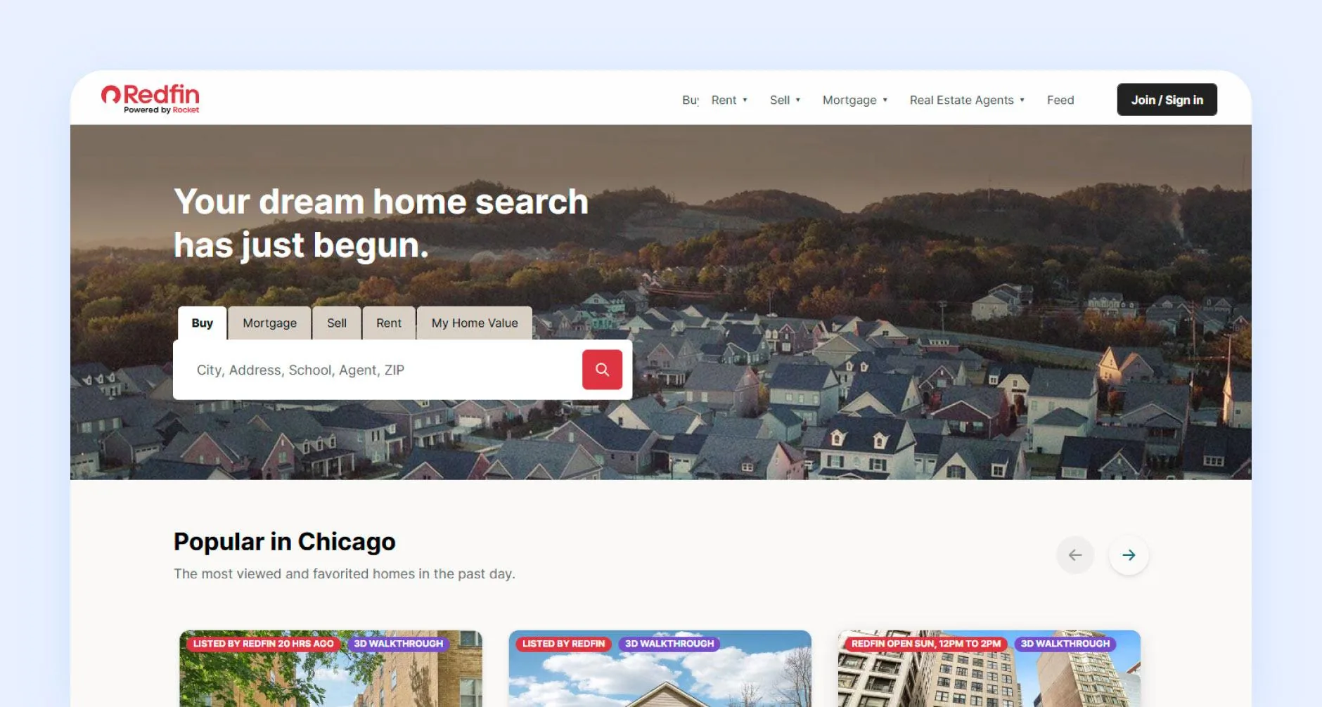 Redfin homepage with text "Your dream home search has just begun."