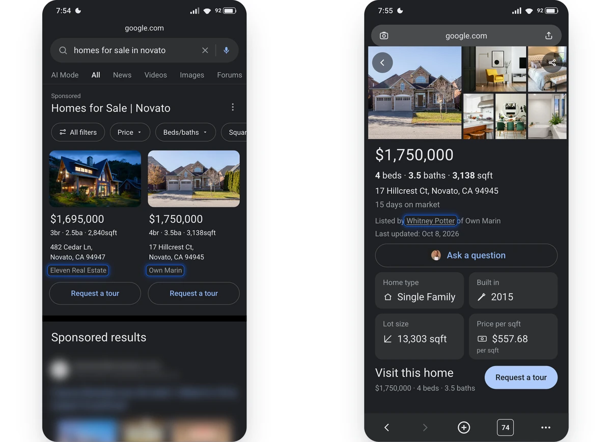 Two smartphone screens showing Novato, California home listings in Google mobile search: a Homes for Sale results carousel with listing brokerage attribution (left) and a listing detail page with listing agent attribution (right).